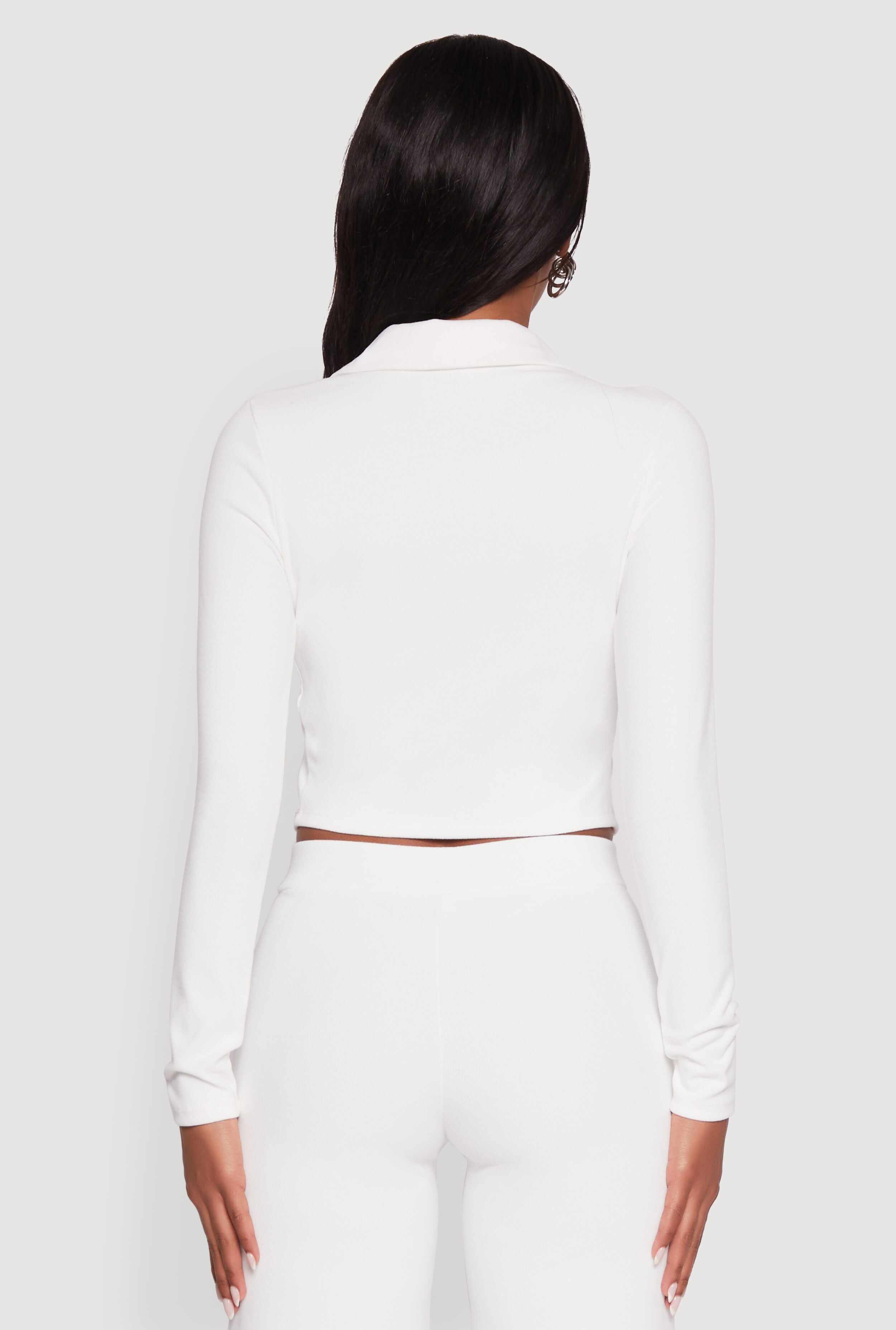Brushed Knit Long Sleeve Quarter Zip Cropped Polo
