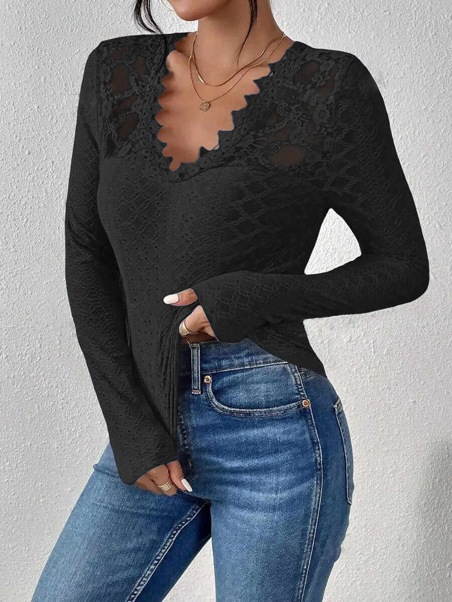 V-Neck Lace Panel Long-Sleeved Top