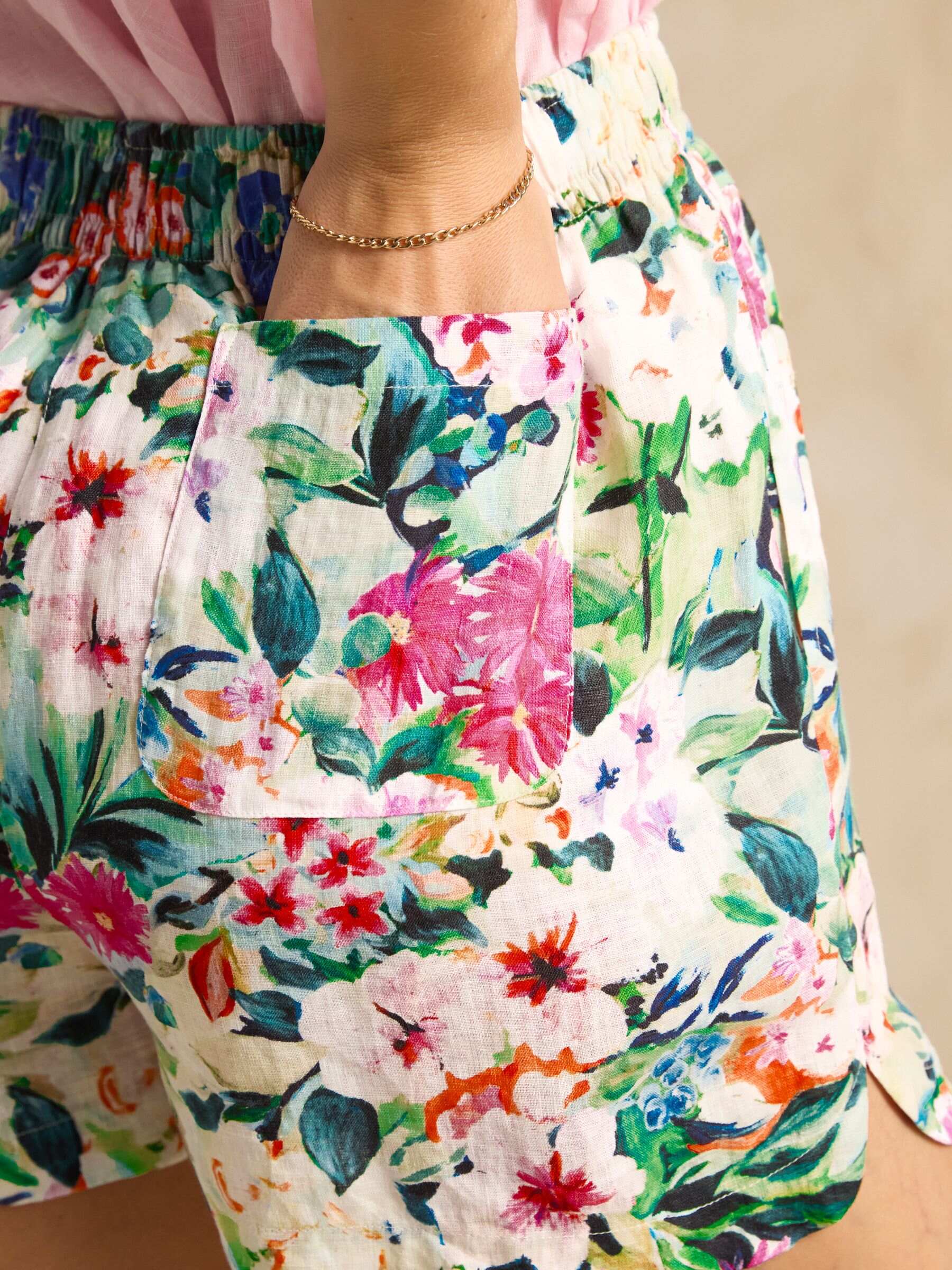 Multi Floral Pull On 100% Linen Shorts