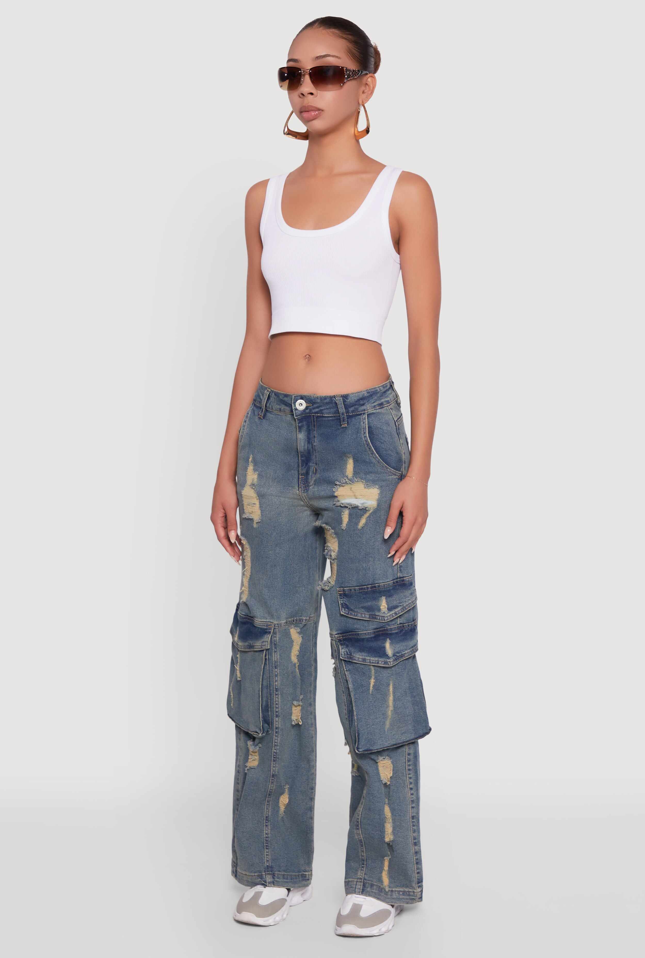 Mineral Wash Distressed Frayed Wide Leg Utility Jeans