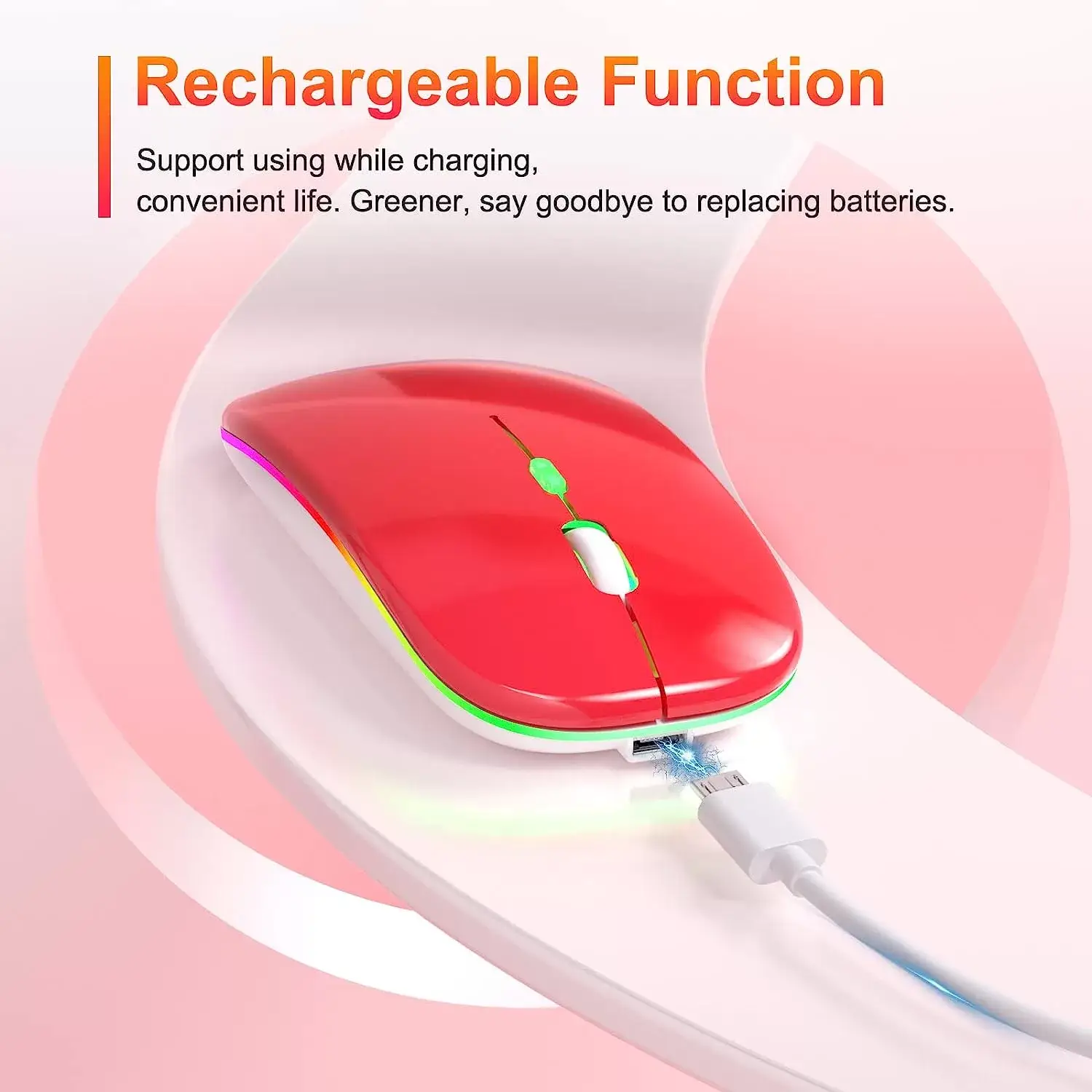 [Upgrade] LED Wireless Mouse, Slim Silent Mouse 2.4G Portable Mobile Optical Office Mouse with USB & Type-c Receiver, 3 Adjustable DPI Levels for Notebook, PC, Laptop, Computer, MacBook (Pink)