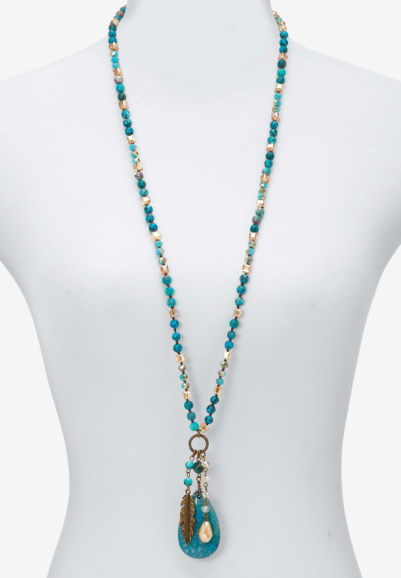 Genuine Jasper Antiqued Goldtone Boho Drop Necklace, 34 Inches