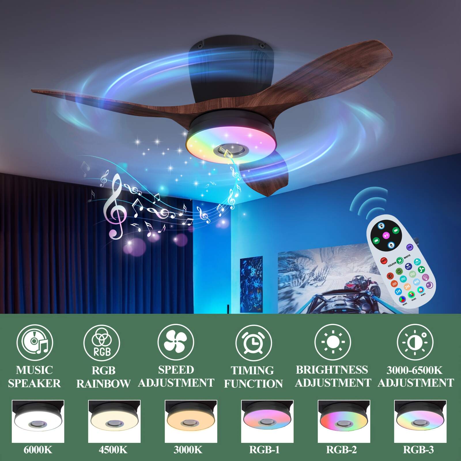 Smart RGB Rainbow Music Rhythm Speaker LED Fan with Light, 3-speed Socket Fan Light, Remote Control Timing, 3 Colors 3000-6500k Dimmable, Suitable for Home, Office, Restaurant, Party