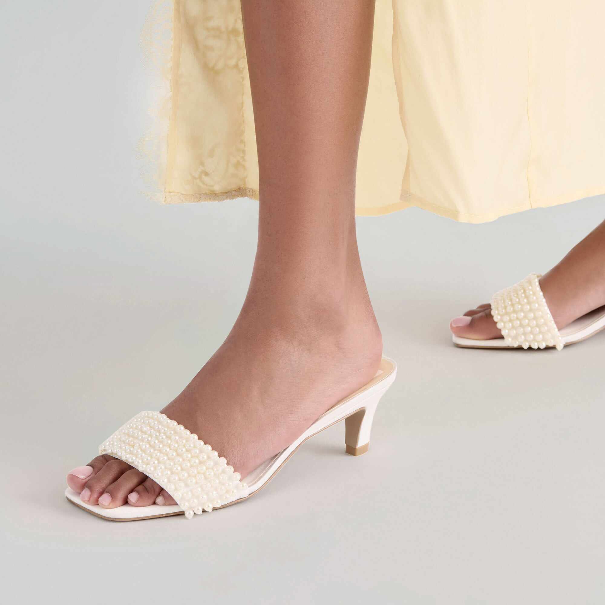 REXA PEARL HEELS OFF WHITE SATIN