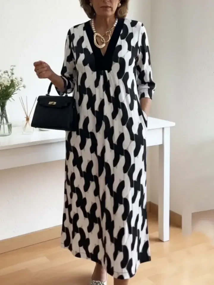 🔥Summer Arrivals🌟Elegant Art Print Color Block Trim V-neck Midi Dress