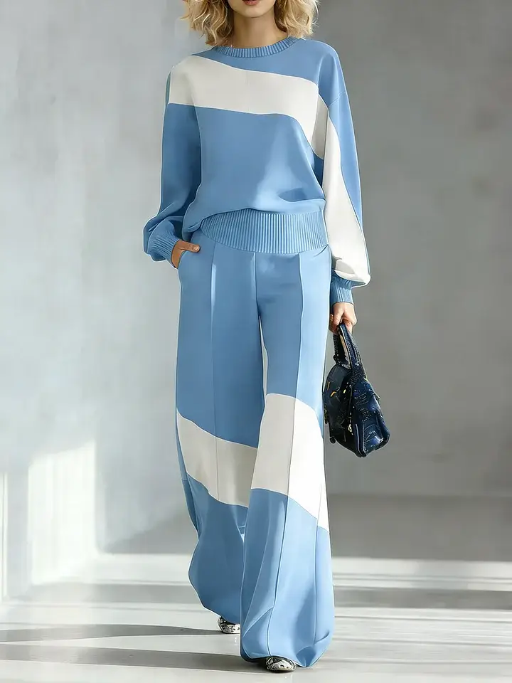 🔥Summer Arrivals🌟Women's Color-block Round Neck Long-sleeved Casual Loose Wide-leg Pants Knitted Set