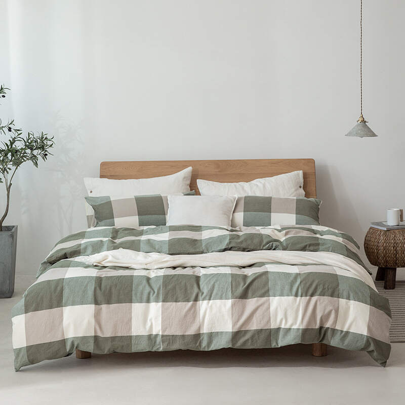 Washed Cotton Bed Sheet Set - Green plaid