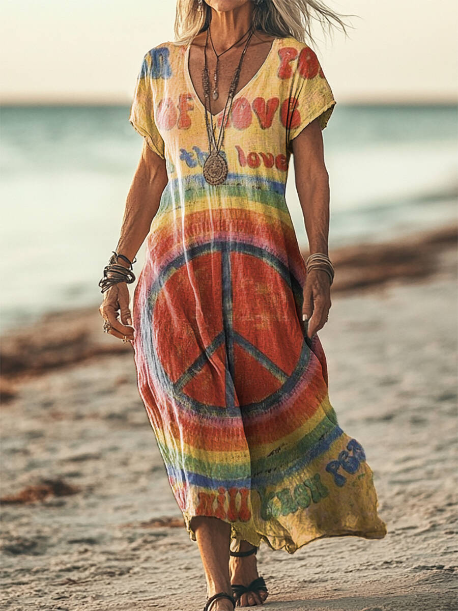 Women's Vintage Rainbow Hippie Peace Art Print Short Sleeve Pocket Cotton Linen Dress