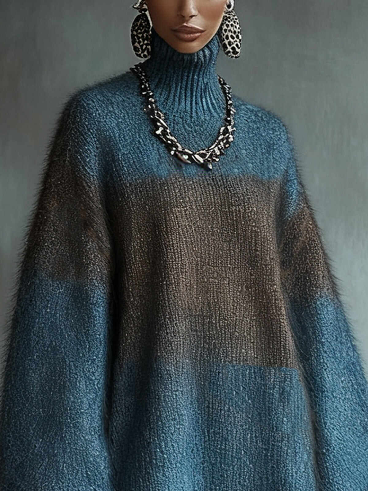 Blue Ombre Knit Turtleneck Dress With Balloon Sleeves