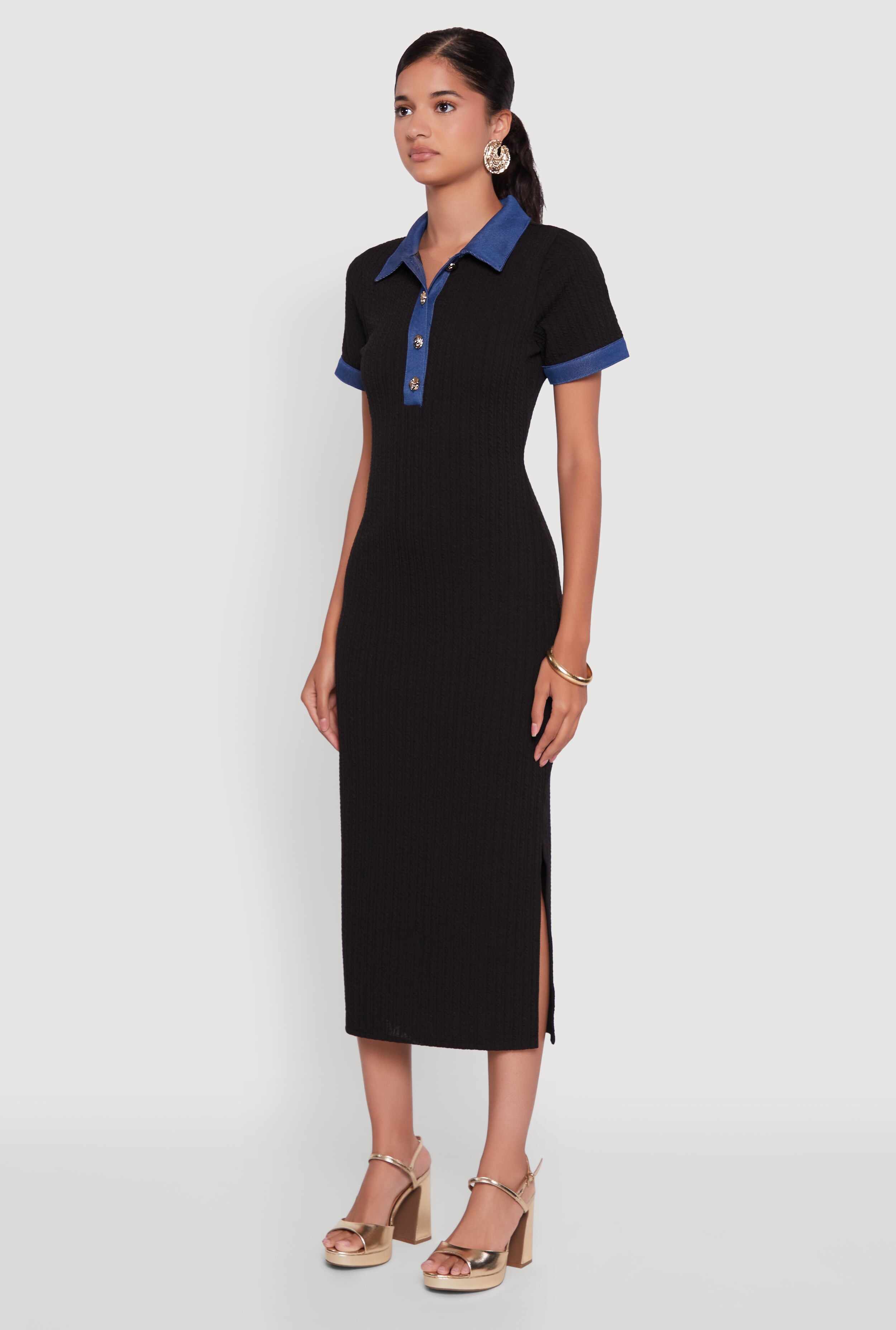 Denim Trim Dress with Polo Collar and Side Slit