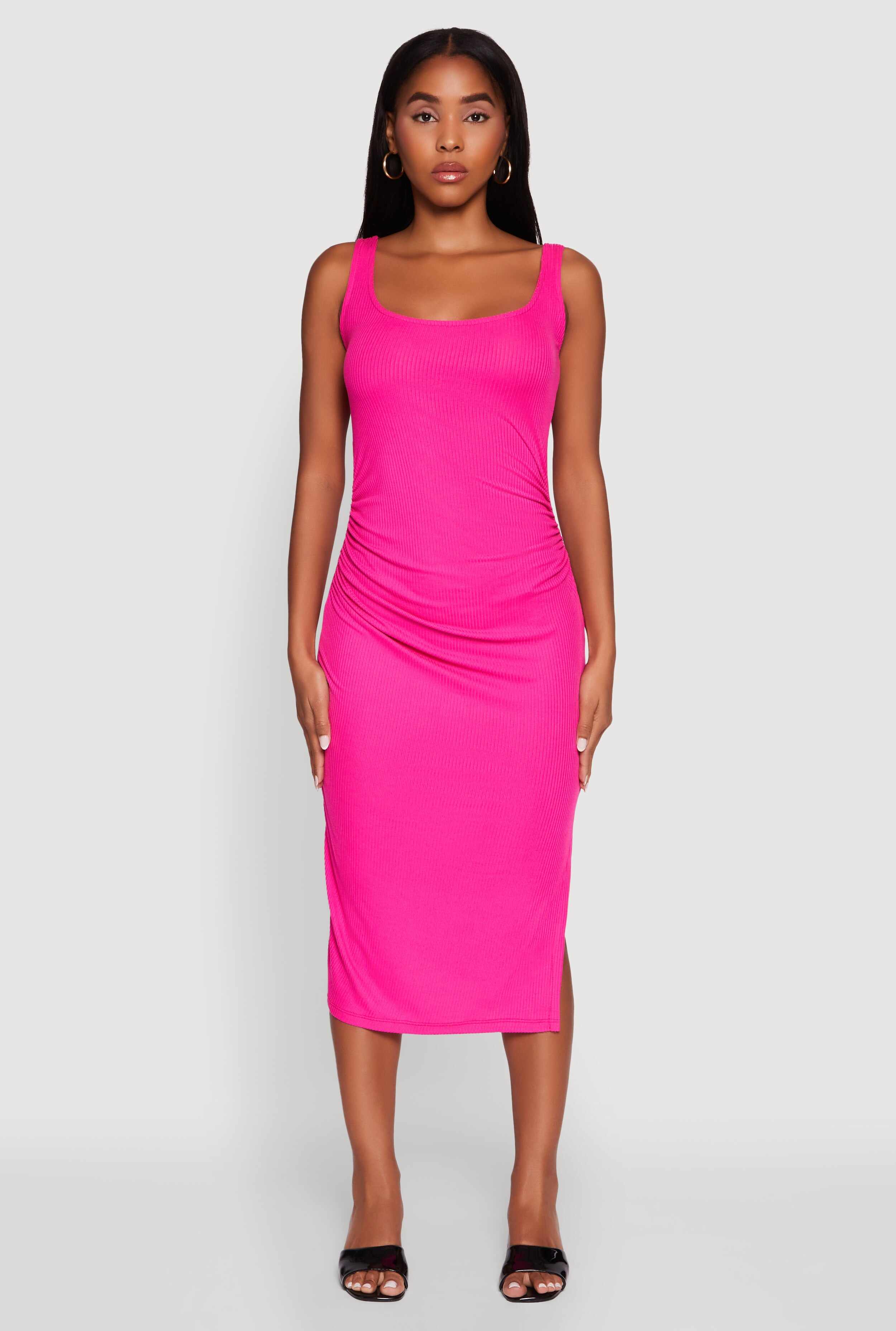 Rib Knit Side Slit Ruched Side Midi Dress