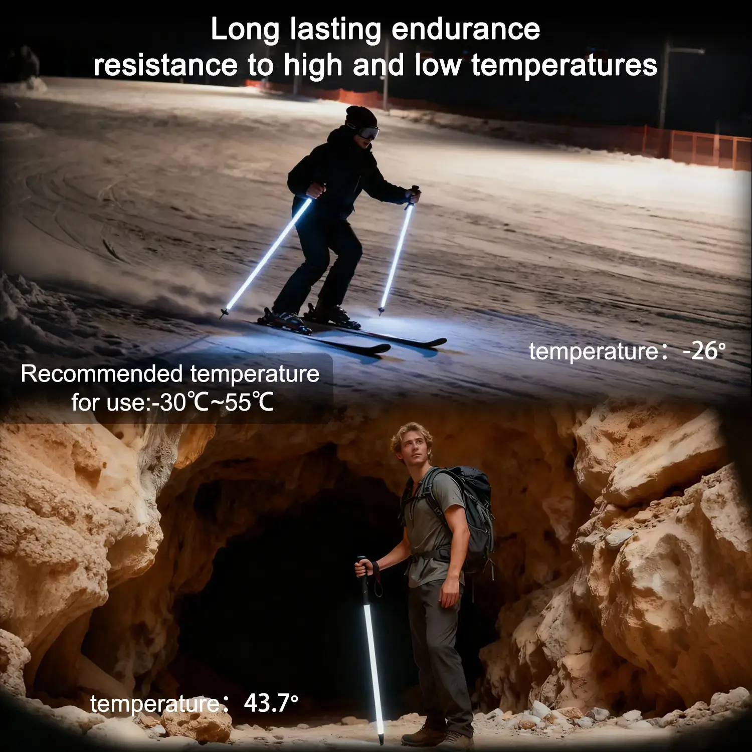 Laser Saber Style Trekking Poles - Non-Foldable Built-in LED Light Strip Hiking Sticks, Adjustable Waterproof Aircraft Aluminum with Anti-Slip Grip, Photo Ready for Night Hiking Camping Emergency Safety