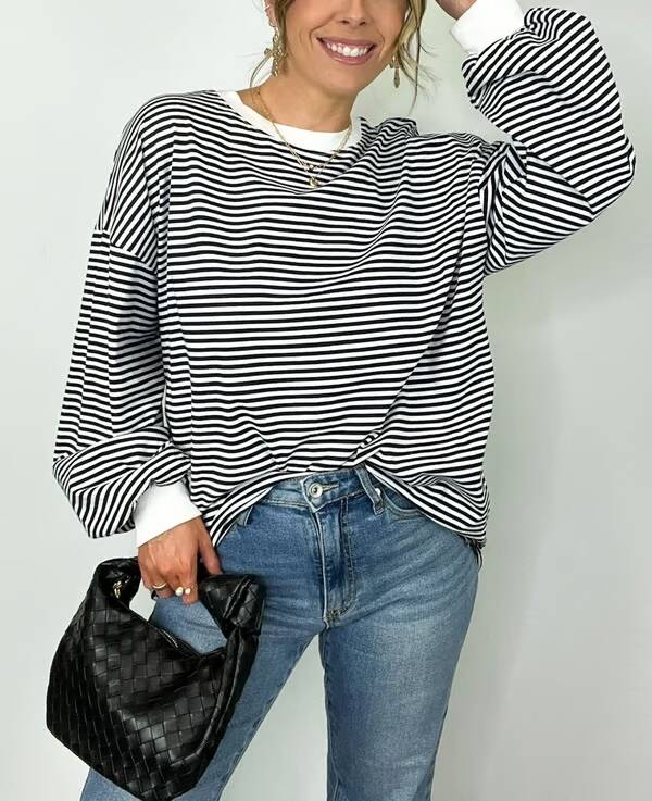 🔥Summer Arrivals🌟🌈Women's Casual Striped Crewneck Oversized Pullover
