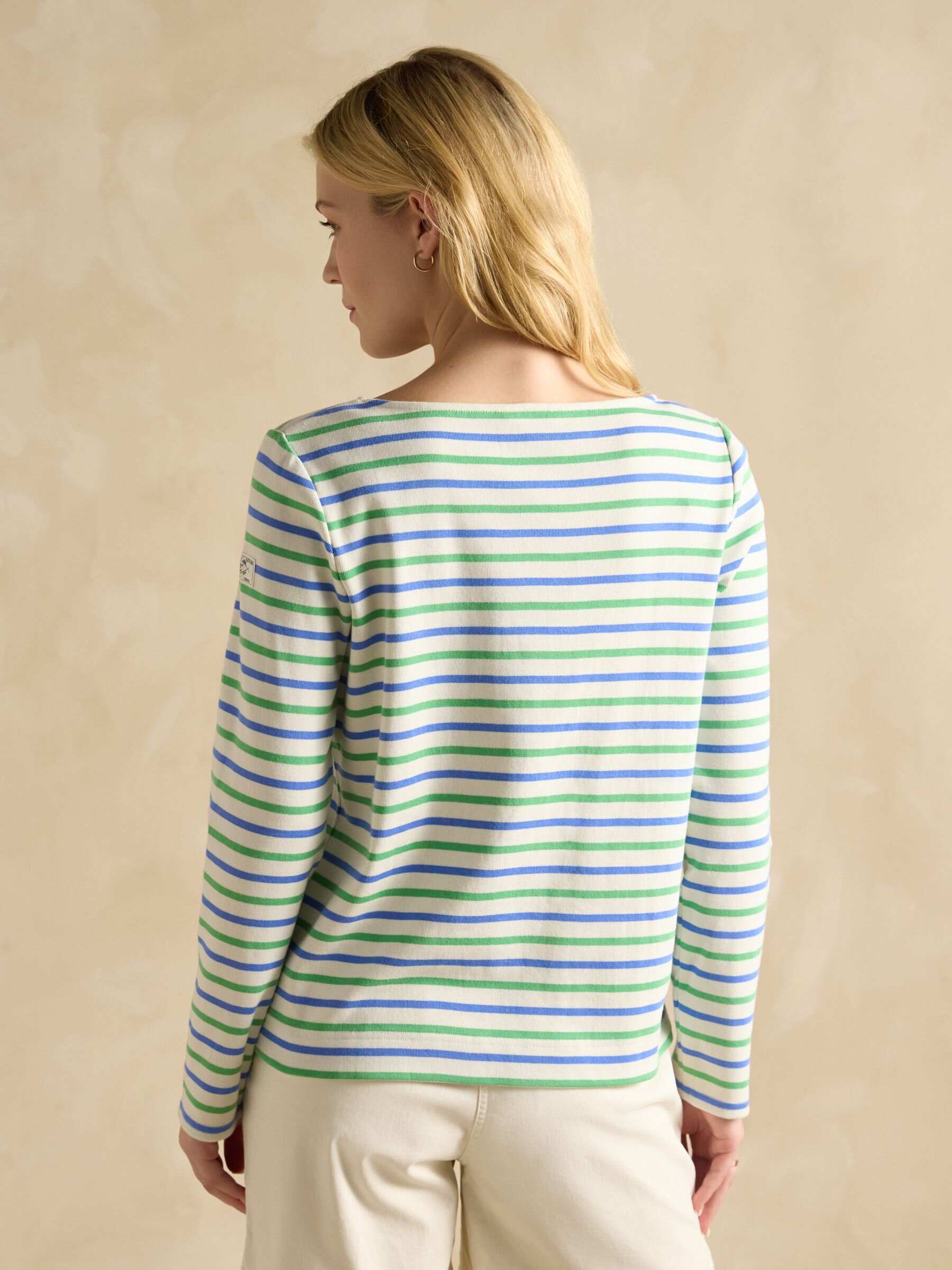 Harbour Green Blue Striped Boat Neck 100% Cotton Breton Top
