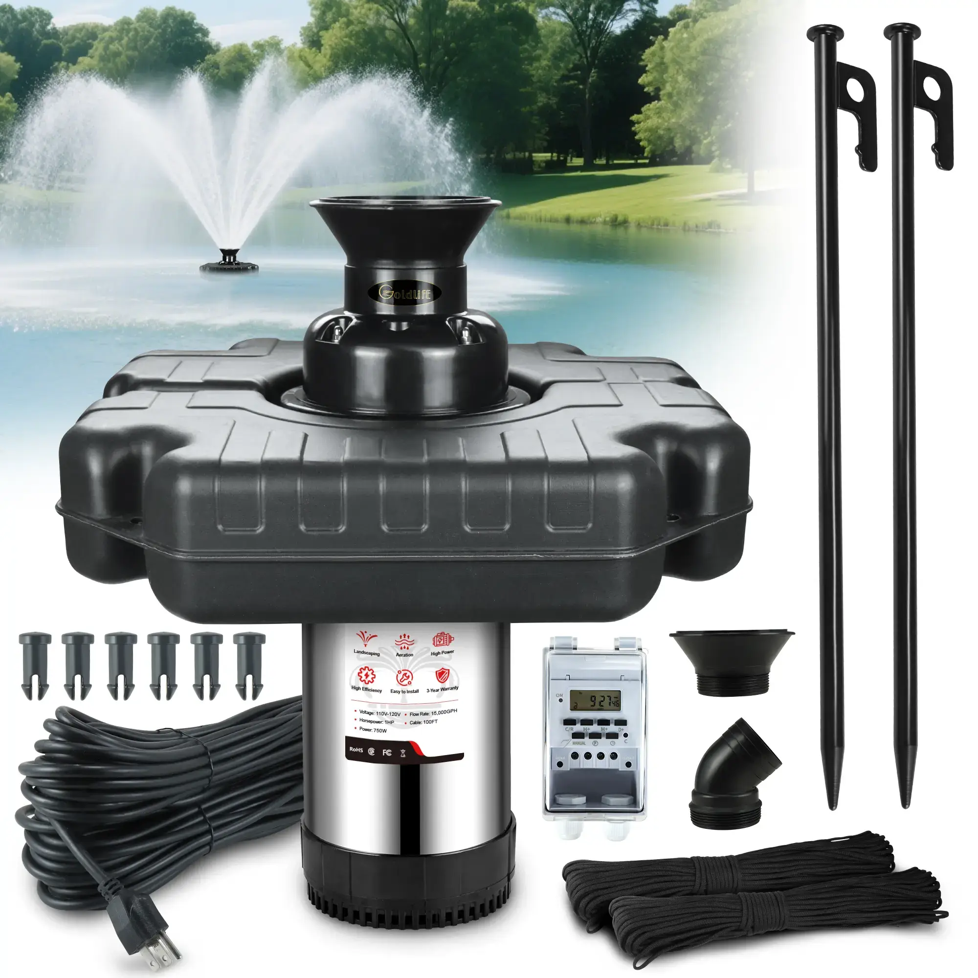 Pond Fountain Aerator, F3 With 4 RGB Lights, 1HP 750W 110V Stainless Steel Floating Fountain With 100FT Power Cord, Octagon Aerating Fountain Pump for Small Large Pond Lake Pool Bay Fish farm