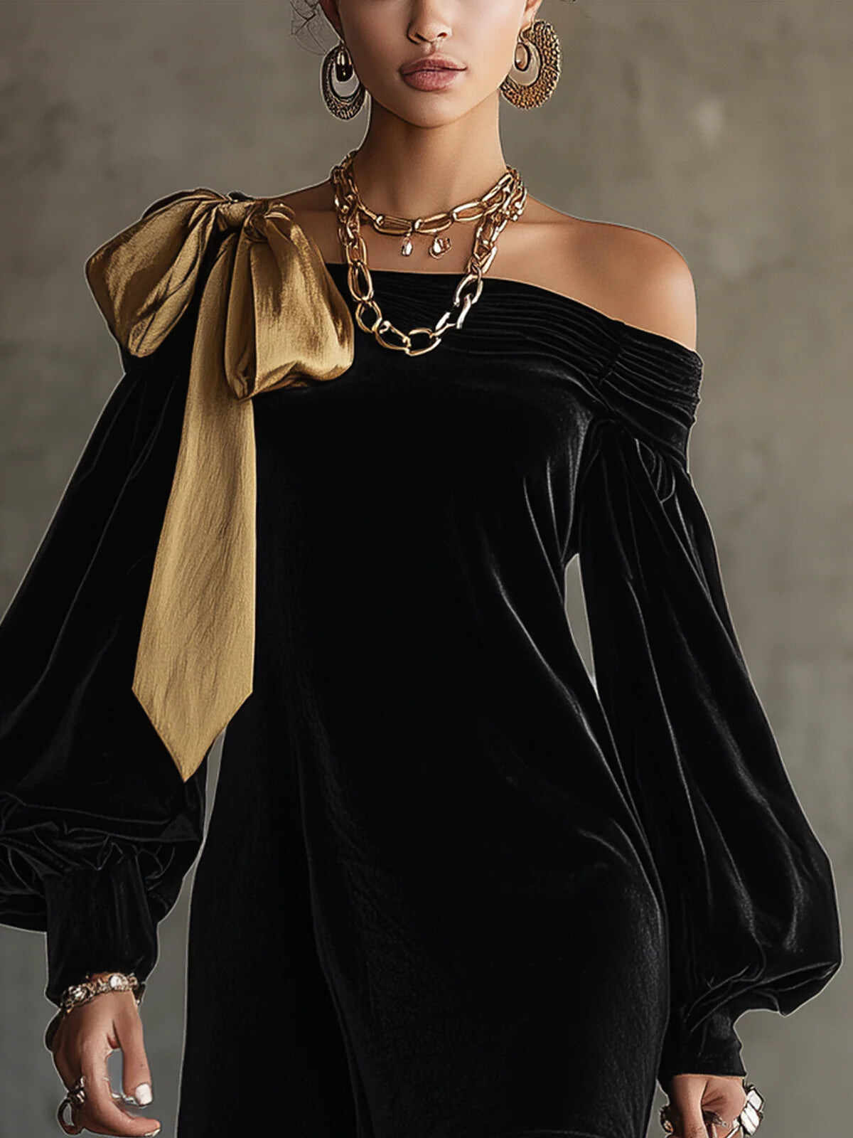 MINI VELVET DRESS WITH GOLD BOW