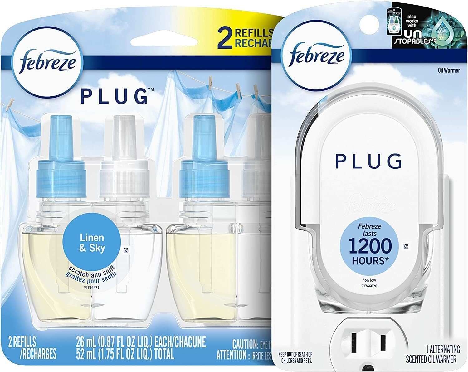 Febreze Odor-Fighting Fade Defy PLUG Air Freshener, Mountain, Ocean, Amber, (3) .87 fl. oz. Oil Refills