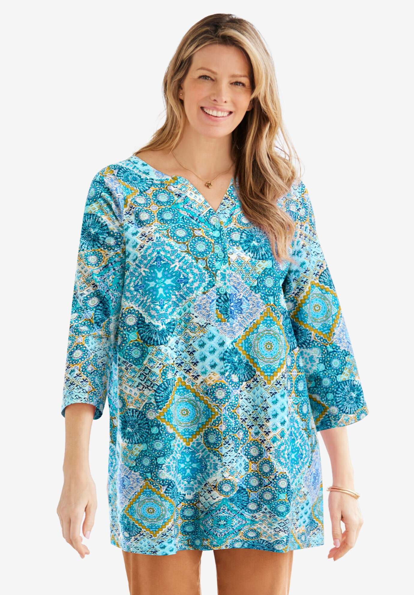 Henley Three-Quarter Sleeve Knit Tunic
