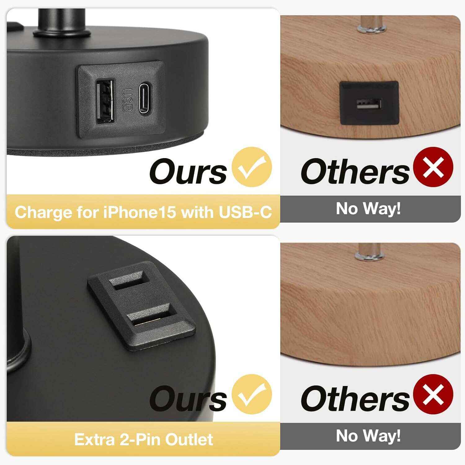 Bedside Table Lamp for Bedroom - 3 Way Dimmable Touch Lamp USB C Charging Ports and AC Outlet, Small Lamp Wood Base Round Flaxen Fabric Shade for Living Room, Desk, LED Bulb Included