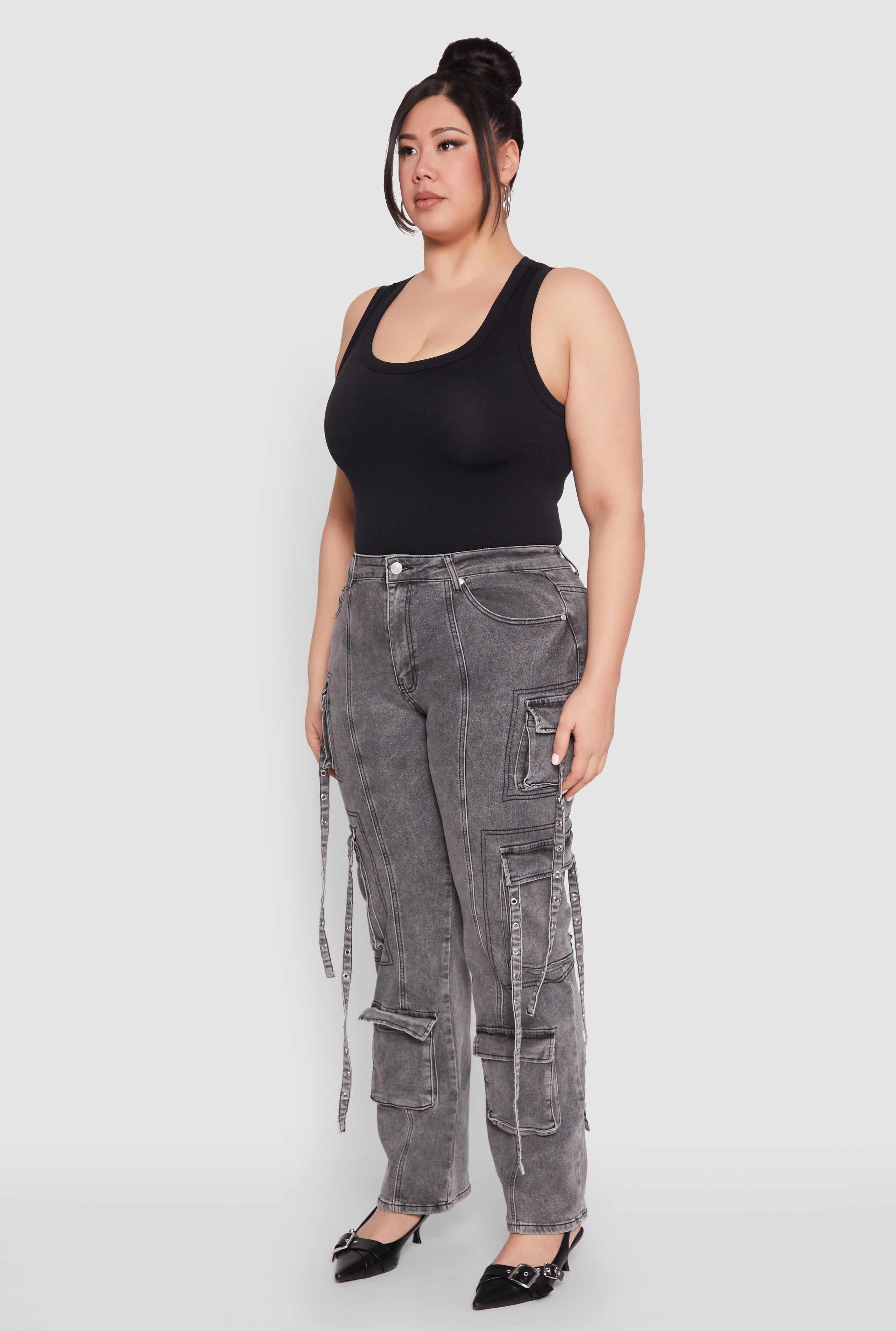 Plus Size Mineral Wash Pintuck Cargo Jeans