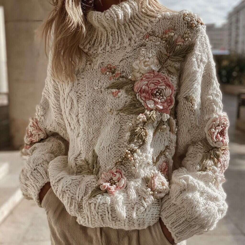 Women's Vintage Pink Rose Pattern Warm Knitted Turtleneck Sweater