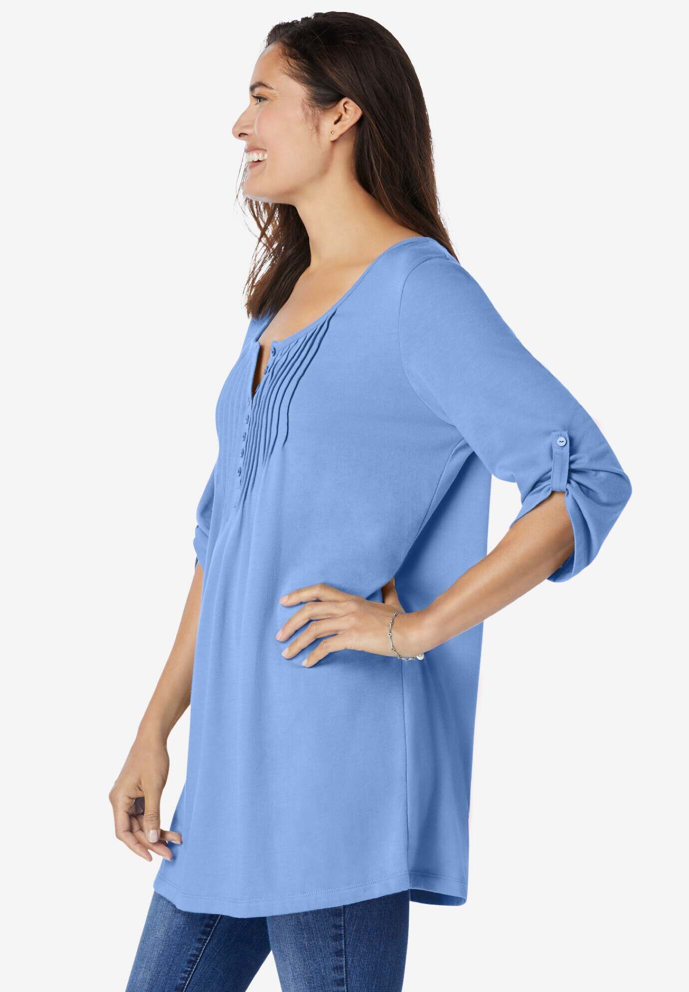 7-Day Three-Quarter Sleeve Pintucked Henley Tunic