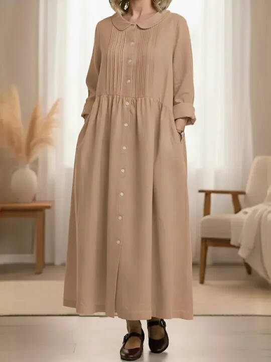 🔥Summer Arrivals🌟Women's Peter Pan Collar Long-sleeved Cotton And Linen Dress