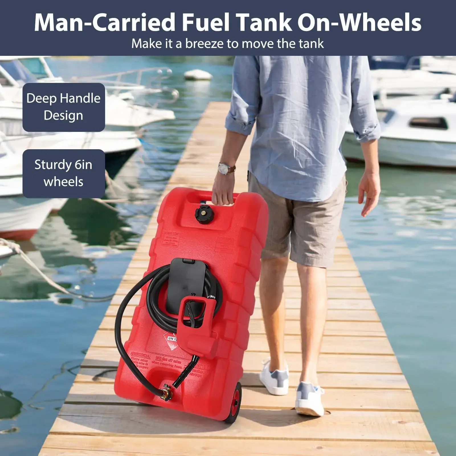 15 Gallon Portable Fuel Caddy with LE Pump & 10ft Hose for Gasoline Diesel Storage on Wheels for Cars Lawn Mowers ATVs Boats Red Yellow Gray Options - Convenience
