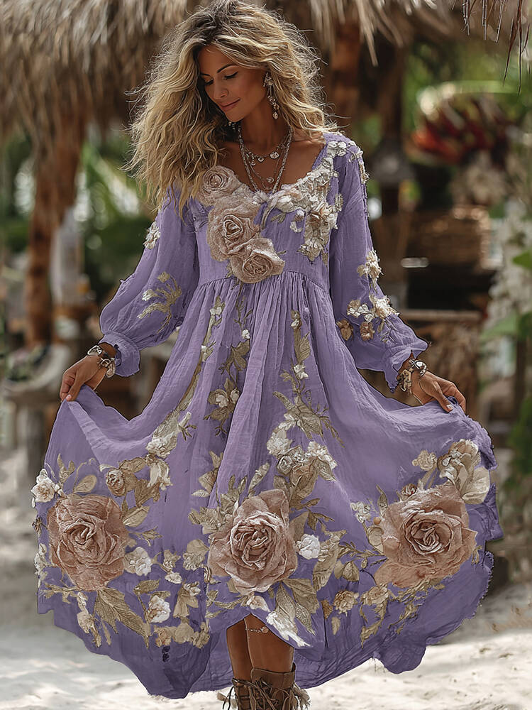 Women's Vintage Romantic White Rose Embroidery Art Comfy Linen Maxi Dress