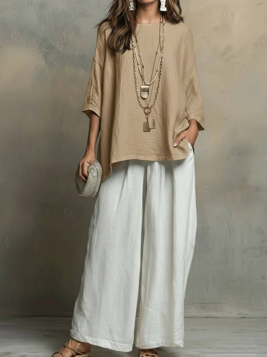 🔥Summer Arrivals🌟Cozy Cotton-linen Irregular Top And Wide-leg Pants Two-piece Set