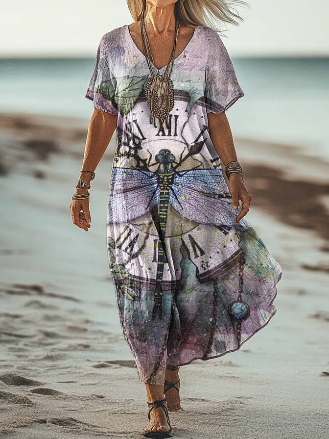 Women's Vintage Dragonfly Art Print Pocket Cotton Dress