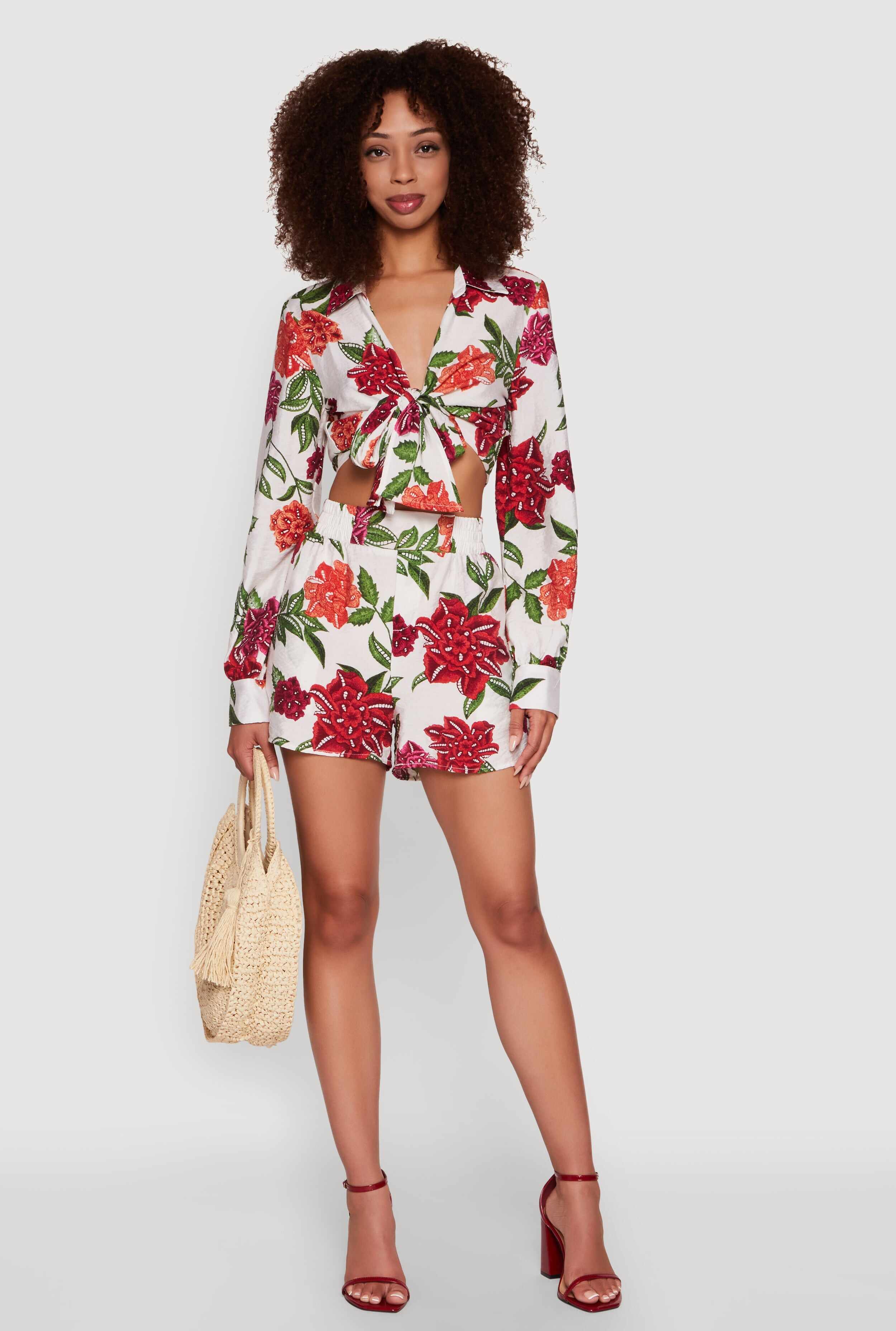 Chic Floral Long Sleeve Tie Front Crop Top