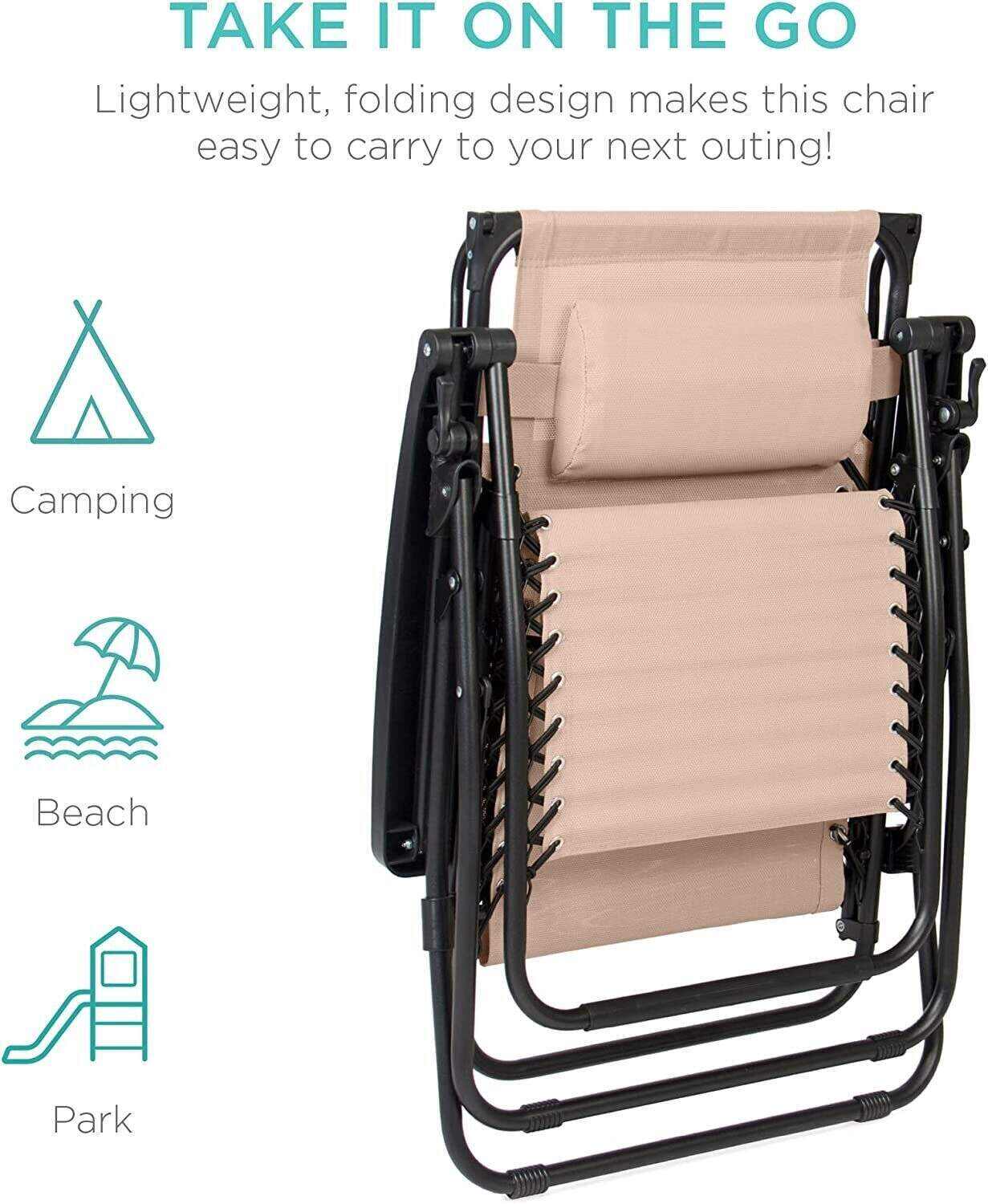 Folding Zero Gravity Recliner Patio Lounge Chair w/Adjustable Canopy Shade, Headrest, Side Accessory Tray, Textilene Mesh - Beige