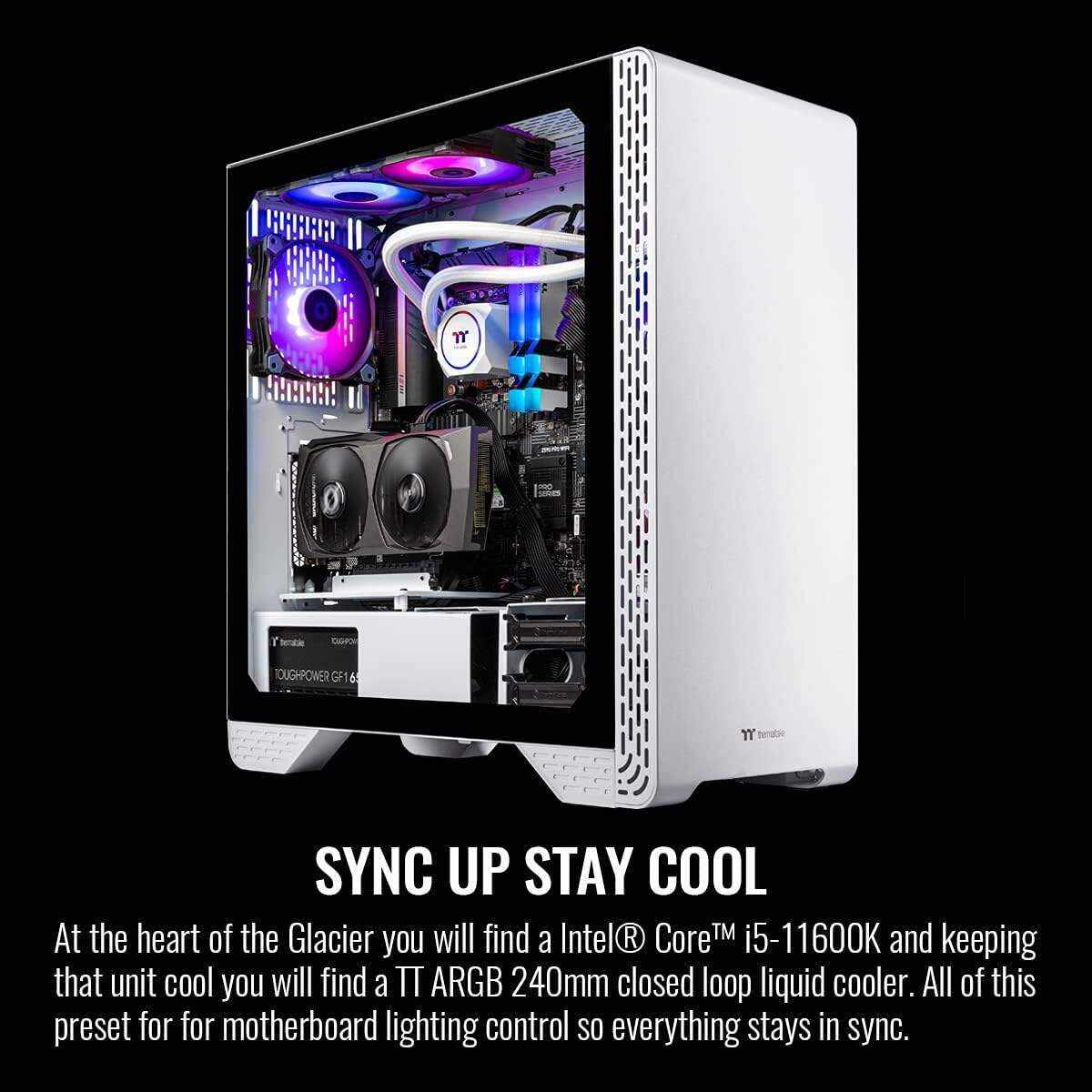 Thermaltake Glacier i360 Liquid-Cooled PC (Intel i5-11600K, RTX 3060, 16GB RGB 3200Mhz DDR4 ToughRAM RGB Memory, 1TB NVMe M.2, WiFi, Win 10 Home) Gaming Desktop Computer S3WT-Z590-G36-LCS