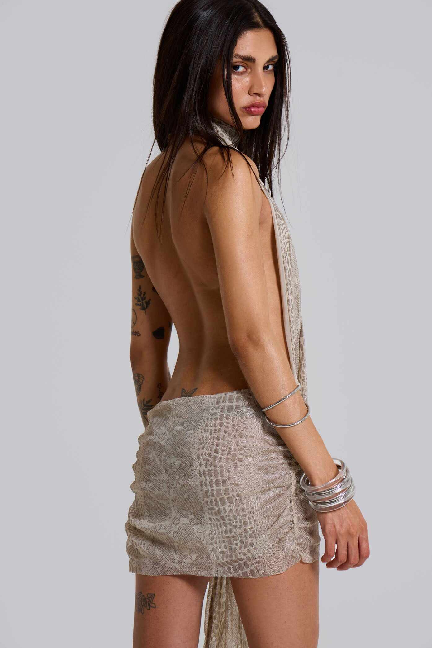 Spyro Snakeskin Plunge Mini Dress