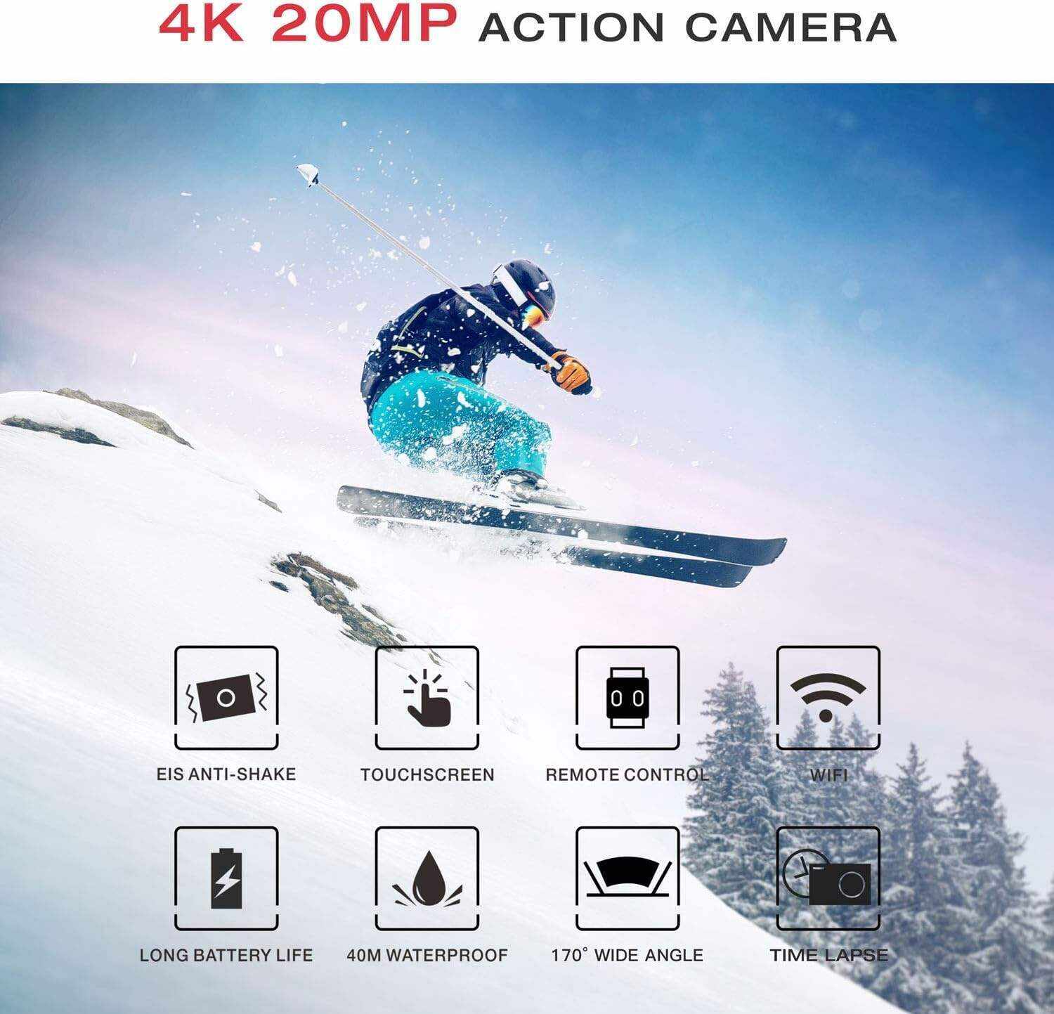 Underwater Camera,24MP 40m WiFi Dual Color Screen Action Camera 4K For Snorkeling Sports,Waterproof Camera with Bike Helmet,EIS Stabilization,170° Wide Angle,4X Zoom,2 Batteries and Mounting Kits