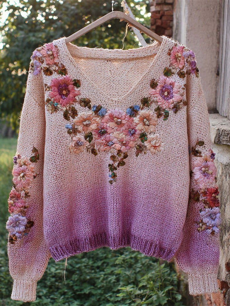 Boho Floral Embroidery Women's V-neck Gradient Sweater