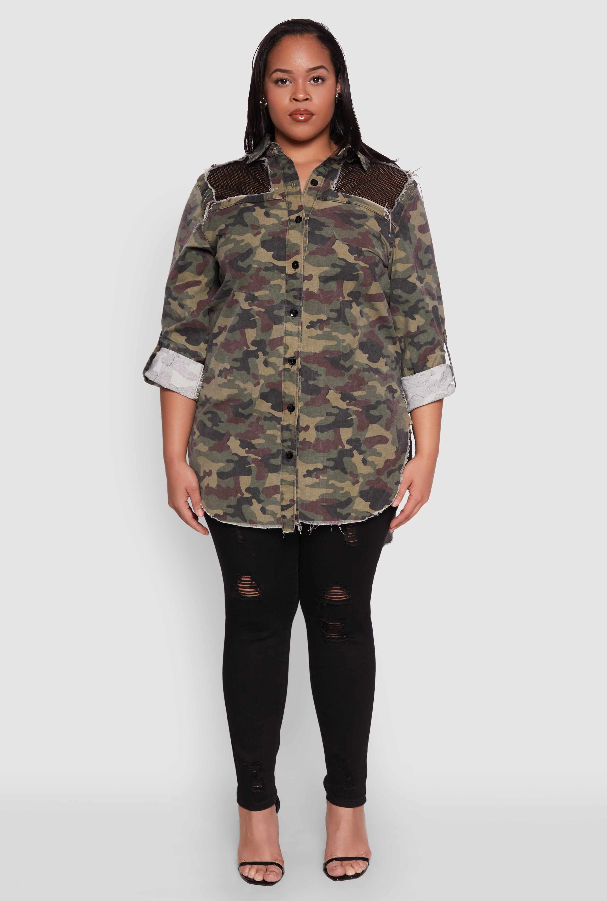 Plus Size Fishnet Detail Camouflage Shirt