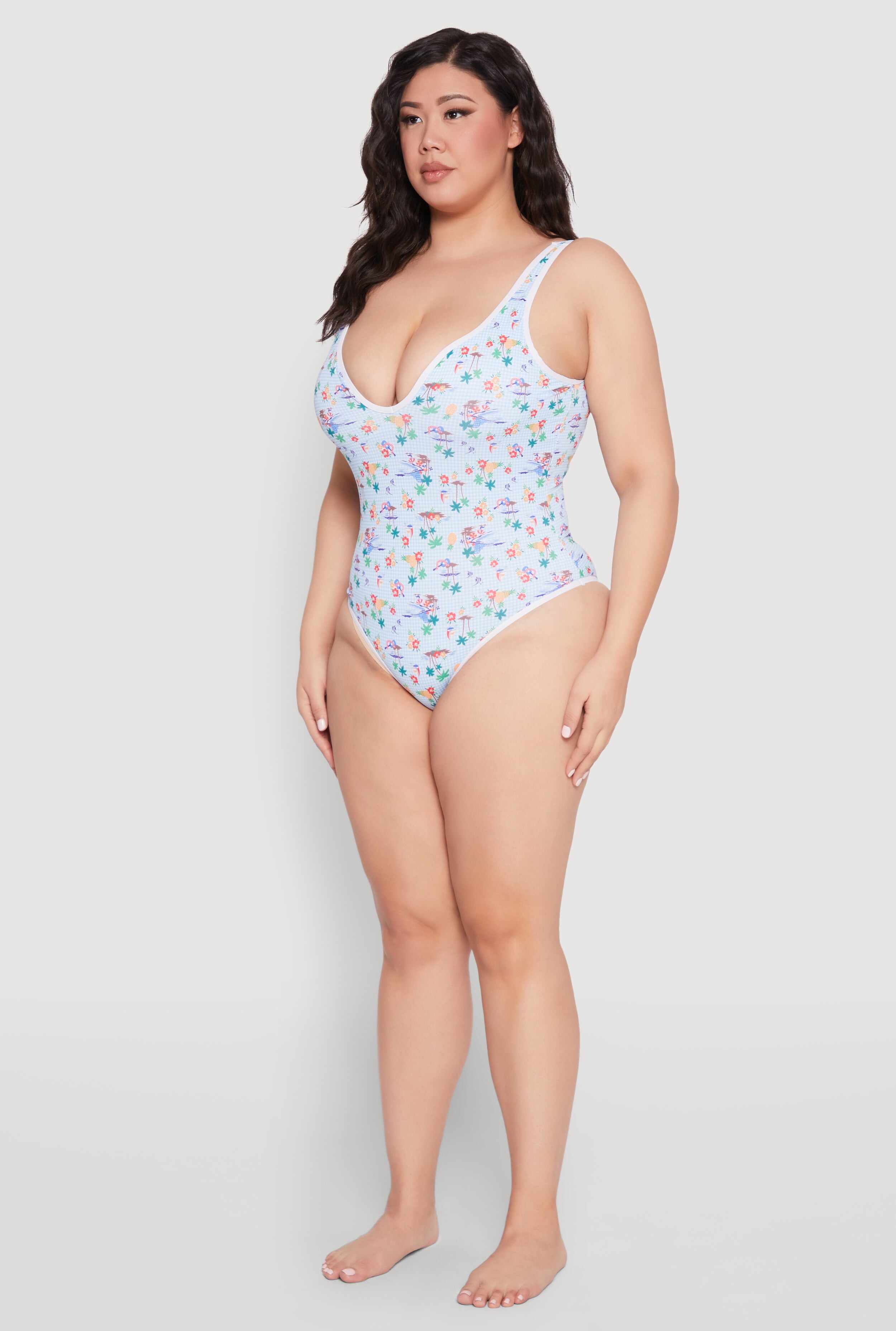 Plus Size Gingham Island Print One Piece Swimsuit