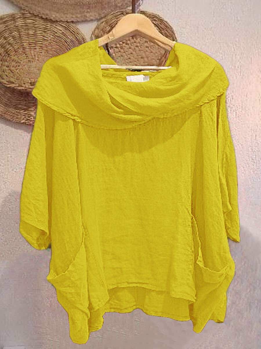 🔥Summer Arrivals🌟Women's Solid Color Draped Neck 3/4 Sleeve Comfortable Casual Linen Pocket Top