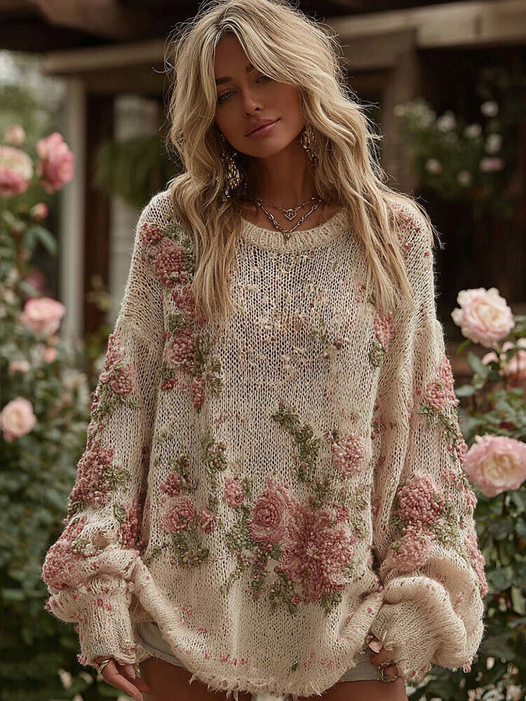 Women's Retro Floral Art Cozy Sweater
