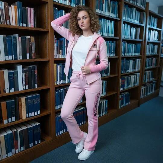 Pink Fleece Women's Hoodie & Sweatpants Set with Pearl Trim and Full Zip Design