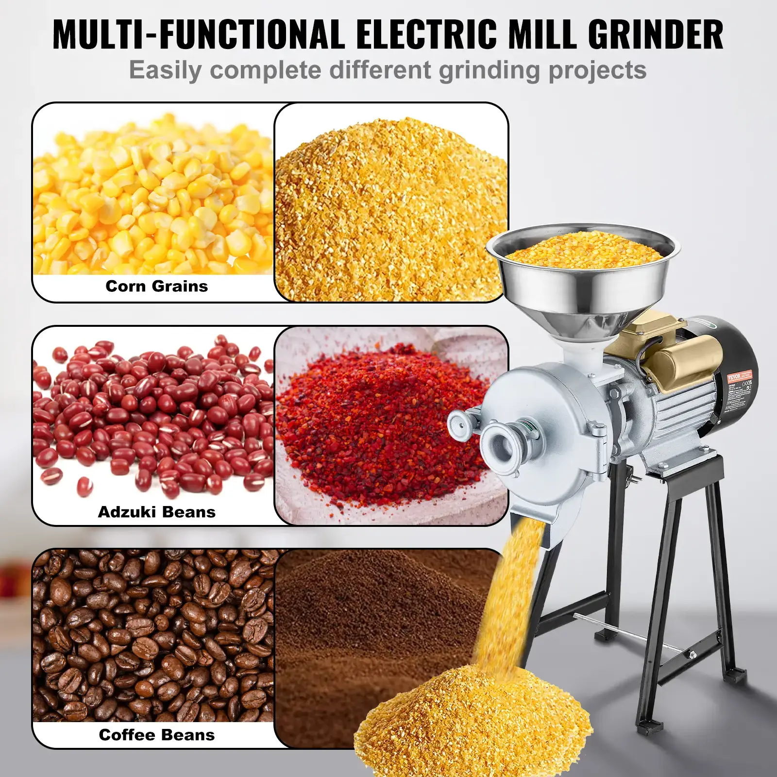 3000W High Power Commercial Grain Grinder, Heavy Duty Dry Wet Electric Mill, Adjustable Thickness Powder Machine for Wheat Corn Spice Cereal with Feeding Funnel