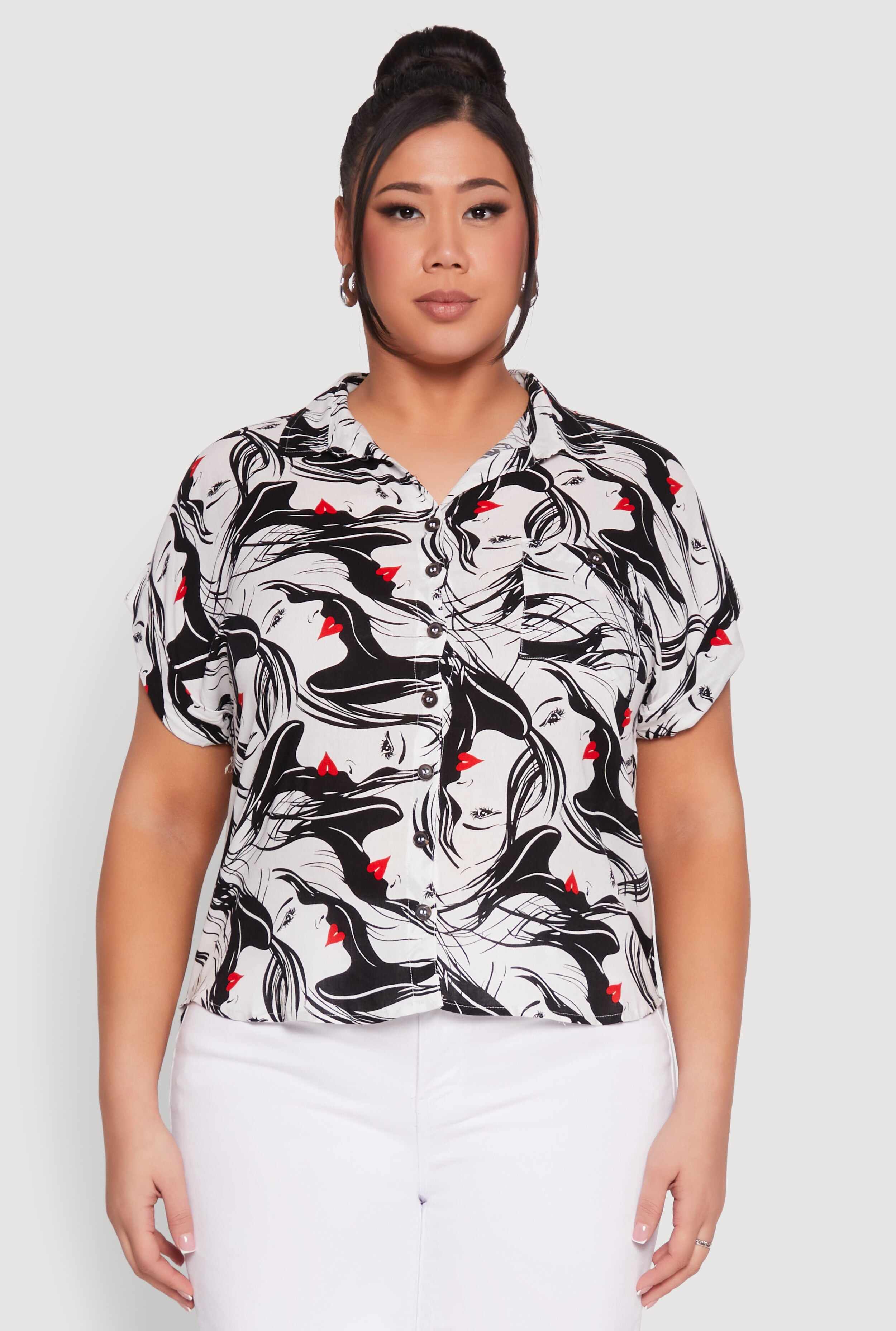 Plus Size Face Printed Button Front Shirt