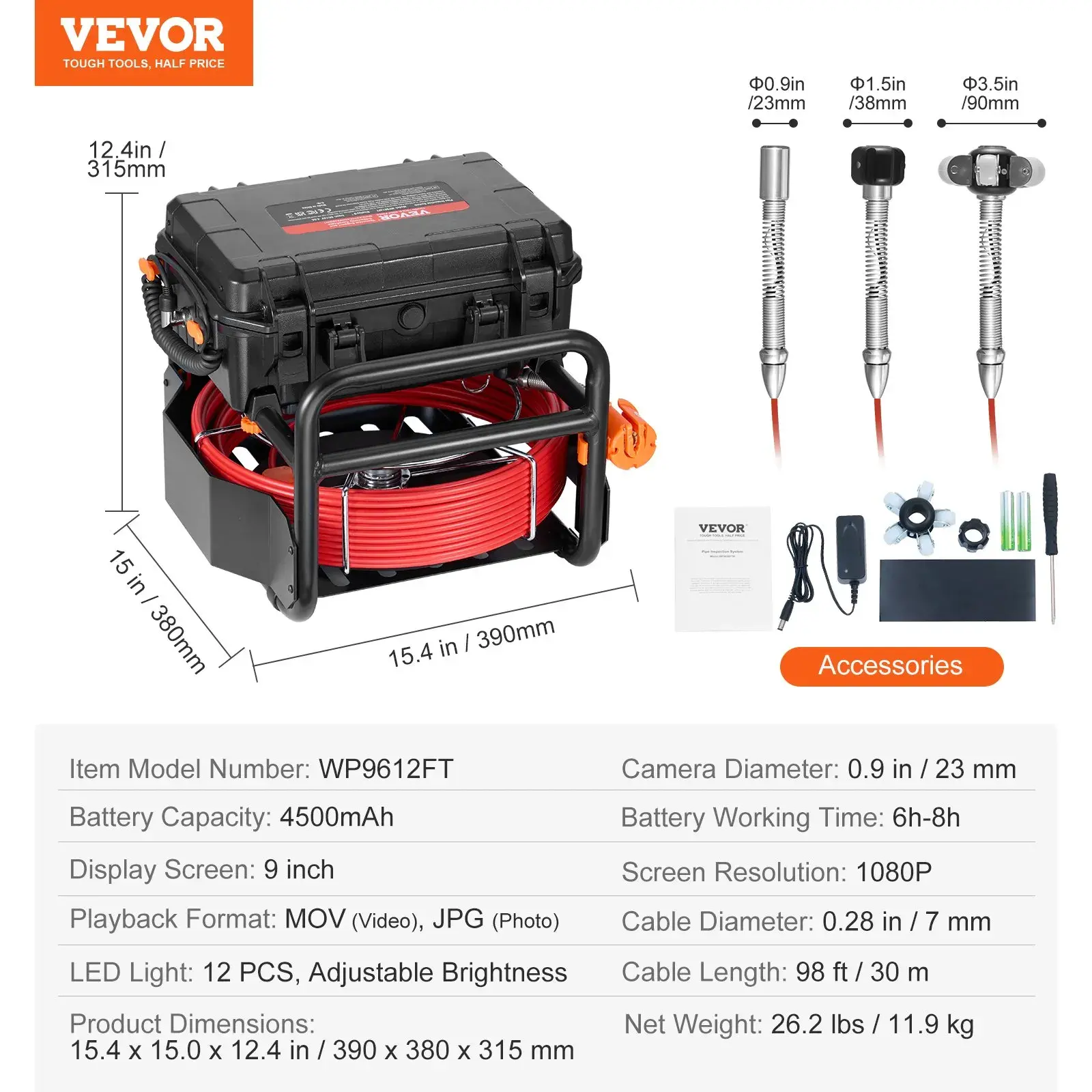 Sewer Camera,  Pipeline Inspection Camera with DVR Function, IP68 Camera with 12 Adjustable LEDs, A 16 GB SD Card for Sewer Line, Home, Duct Drain Pipe Plumbing