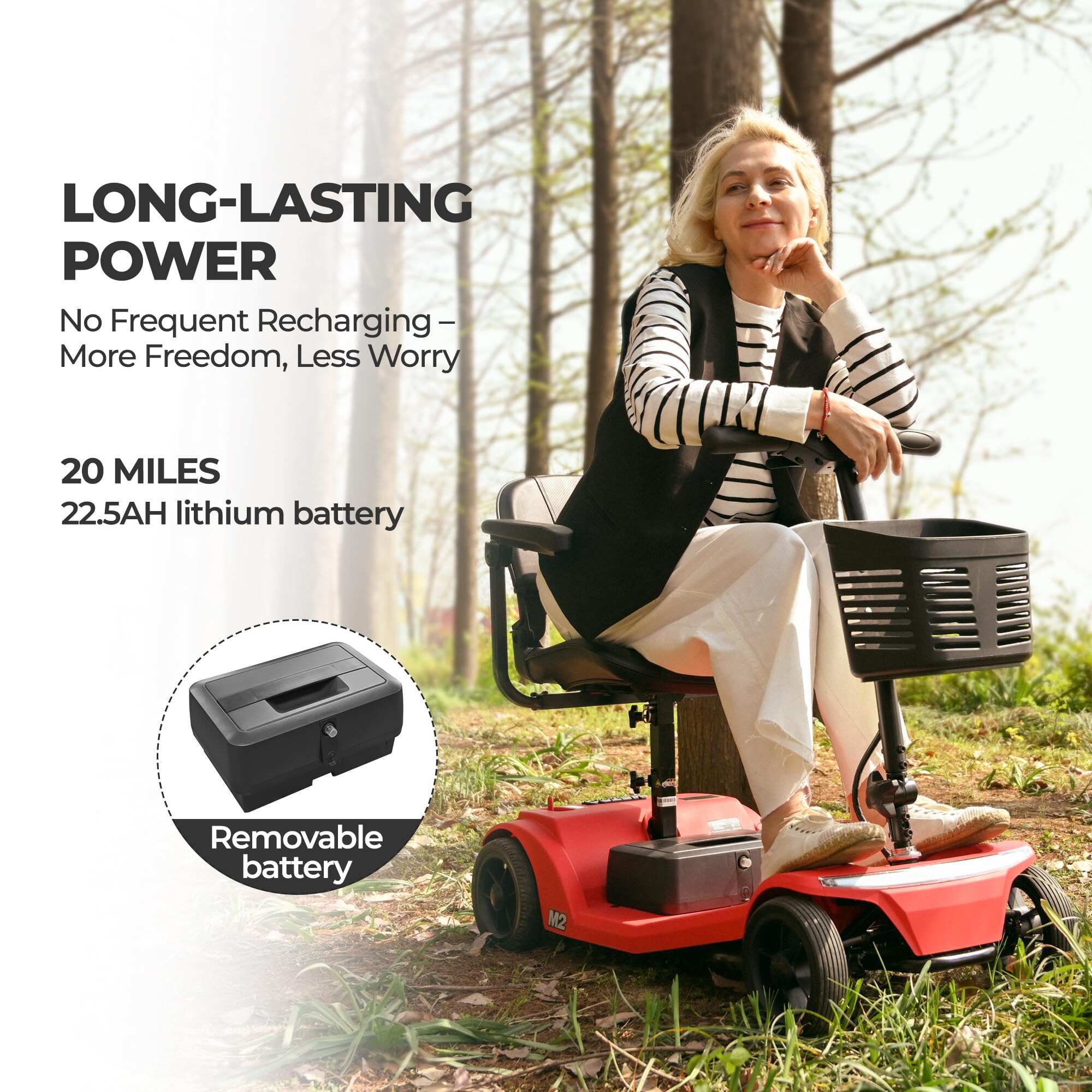 New electric four-wheeled mobility scooter boasts a 20 miles range, a 300lb load-bearing capacity, fast charging, and smartphone control