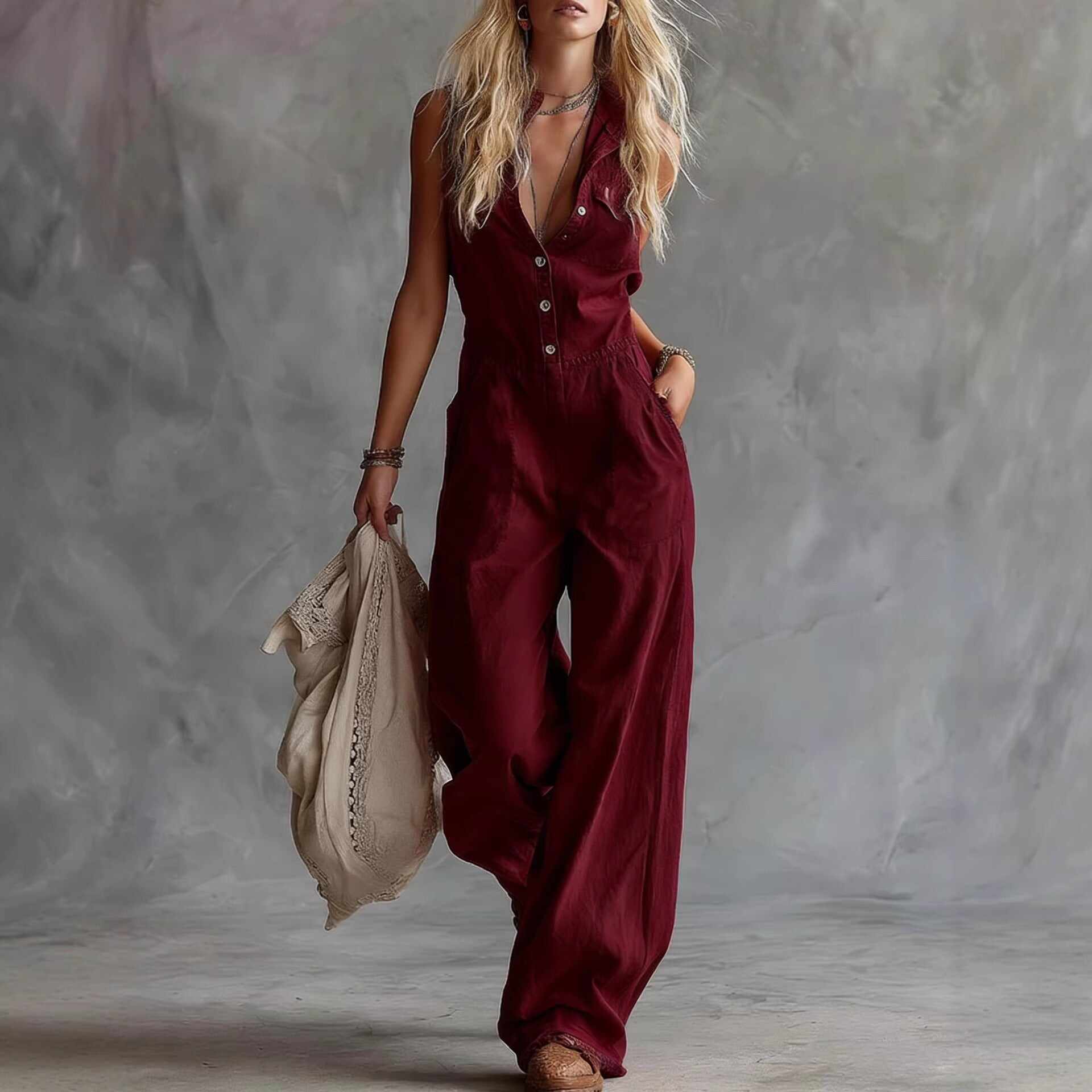 Women's Shirt-collar Sleeveless Wide-leg Jumpsuit