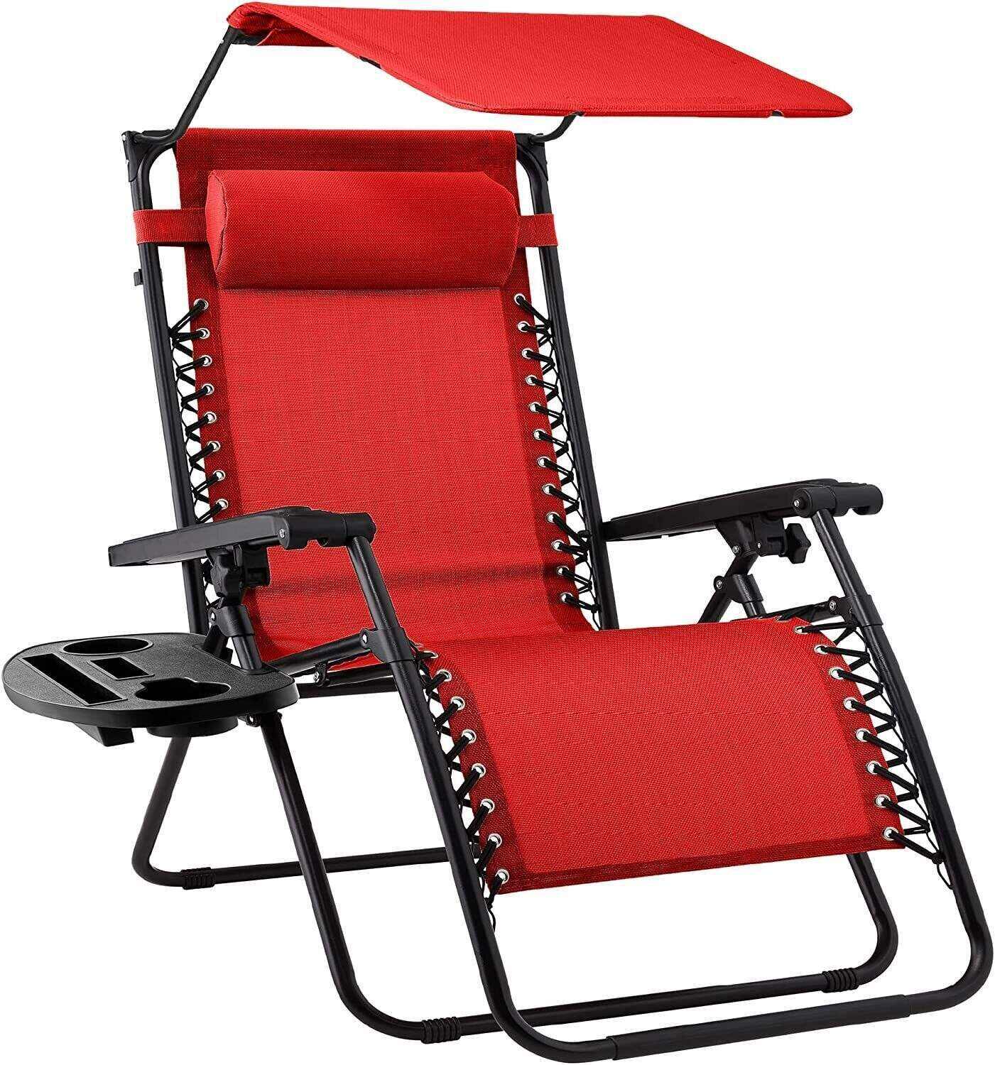 Folding Zero Gravity Recliner Patio Lounge Chair w/Adjustable Canopy Shade, Headrest, Side Accessory Tray, Textilene Mesh - Beige