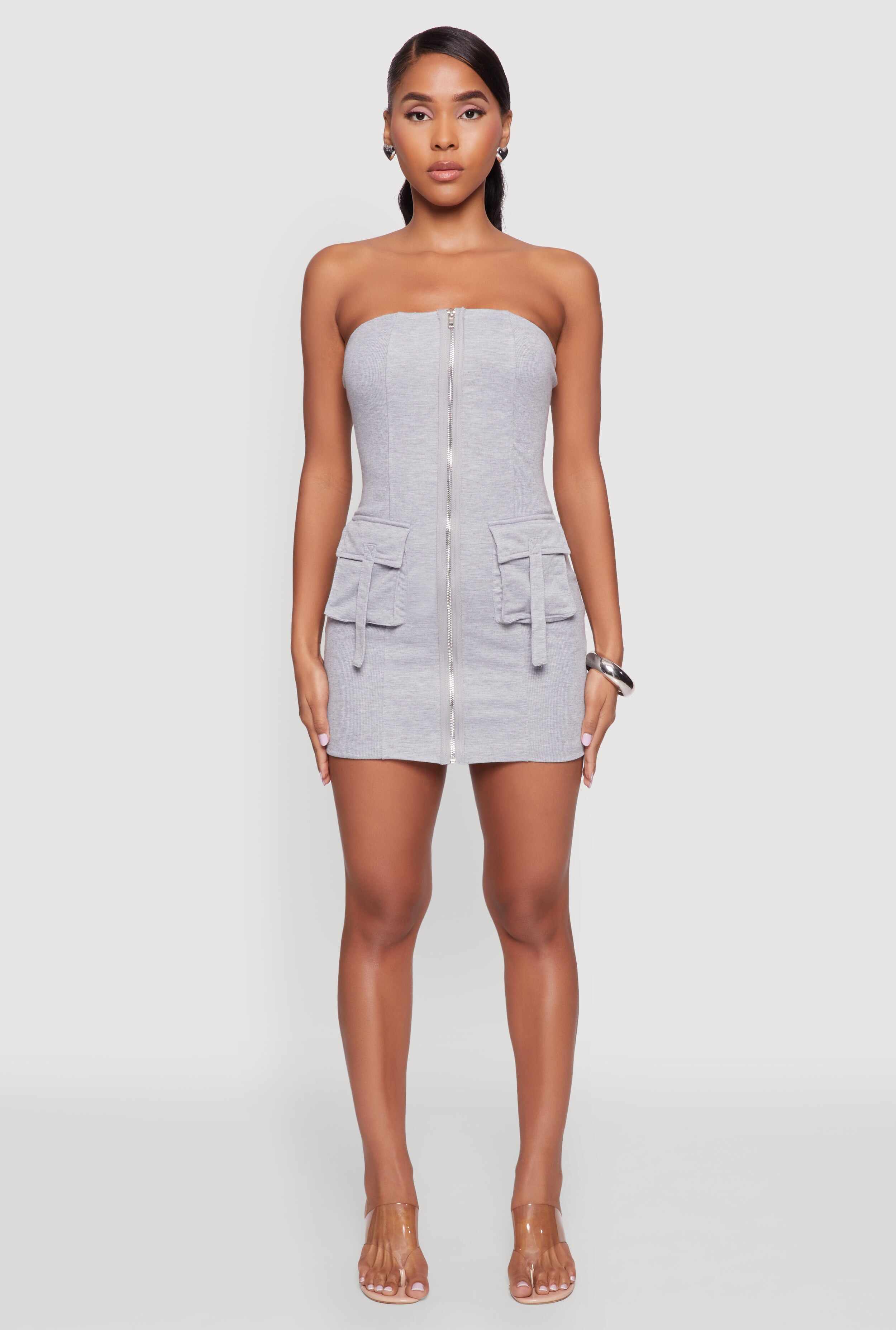 Ribbed Knit Zip Front Cargo Pocket Tube Dress