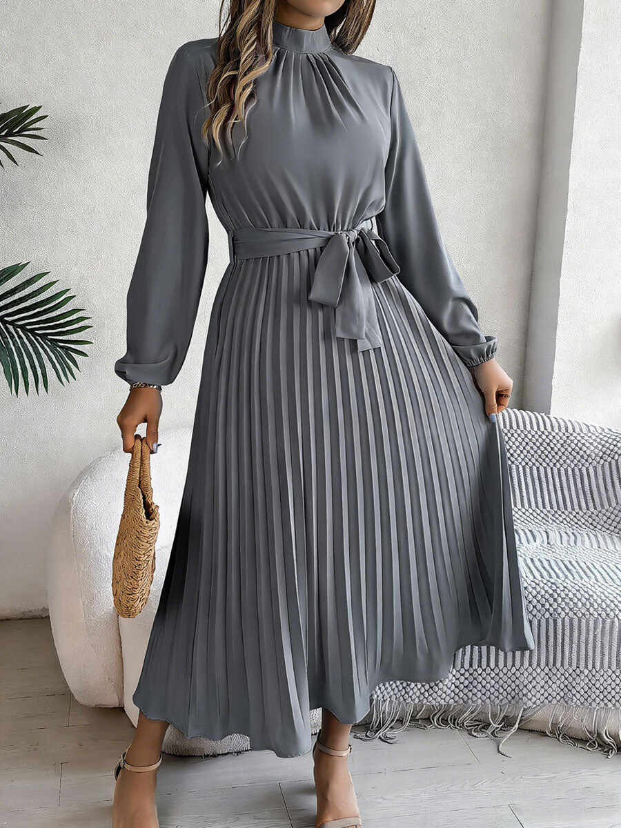 🔥Summer Arrivals🌟Women's Stand-up Collar Long-sleeved Lace Up Pleated Dress